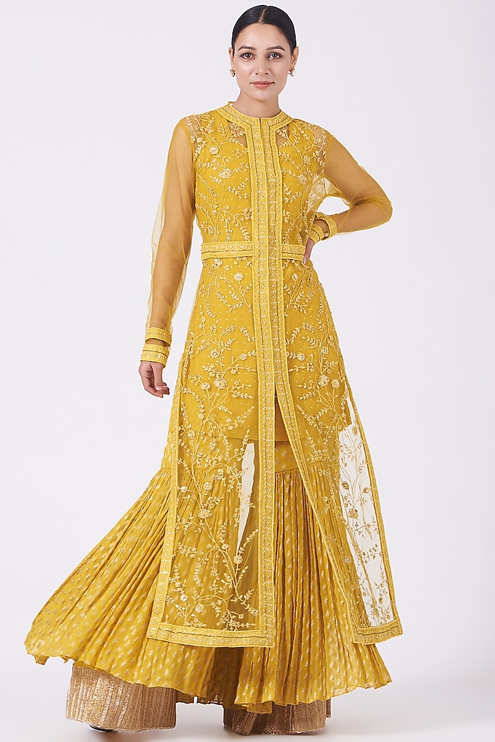 Chrome Yellow Embroidered Jacket Set by Shweta Aggarwal