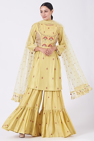 Yellow Embroidered Sharara Set by Shweta Aggarwal