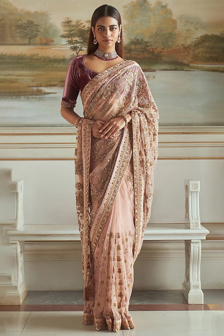 Blush Tulle Zardosi Embroidered Bridal Saree Set by Shyamal & Bhumika at Pernia's Pop Up Shop