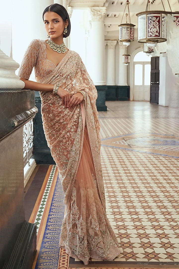 Peach Tulle Thread Embroidered Reception Saree Set by Shyamal & Bhumika at Pernia's Pop Up Shop