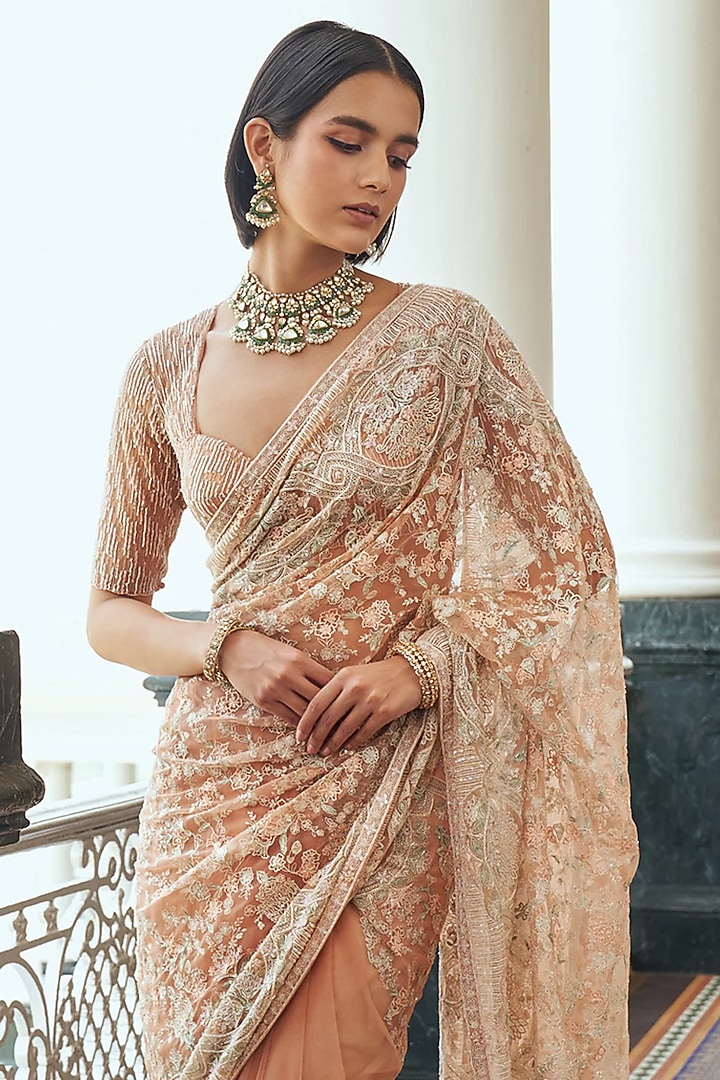 Peach Tulle Thread Embroidered Reception Saree Set by Shyamal & Bhumika at Pernia's Pop Up Shop