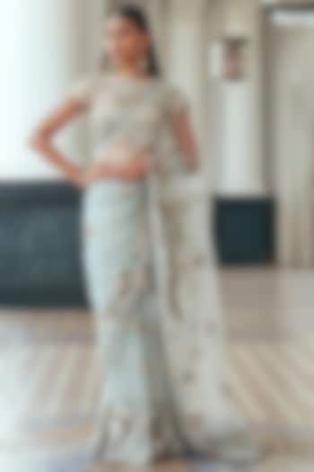 Mint Tulle Sequins Embroidered Reception Saree Set by Shyamal & Bhumika at Pernia's Pop Up Shop