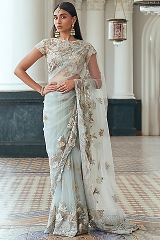 Mint Tulle Sequins Embroidered Saree Set by Shyamal & Bhumika
