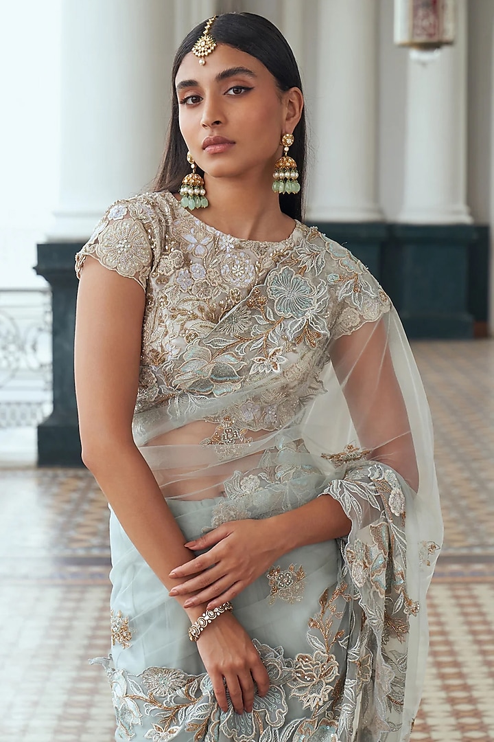 Mint Tulle Sequins Embroidered Reception Saree Set by Shyamal & Bhumika at Pernia's Pop Up Shop