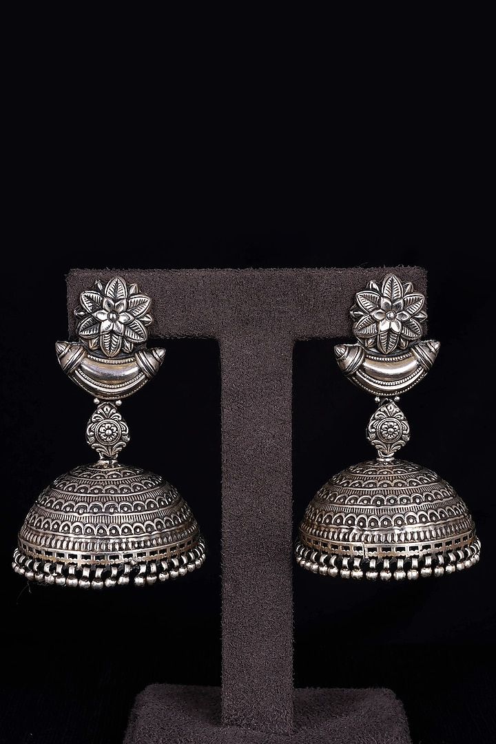Oxidised Silver Finish Handcrafted Jhumka Earrings In Sterling Silver by Shyle at Pernia's Pop Up Shop