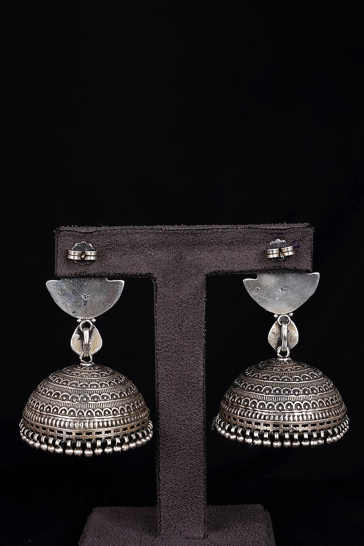 Oxidised Silver Finish Handcrafted Jhumka Earrings In Sterling Silver by Shyle at Pernia's Pop Up Shop