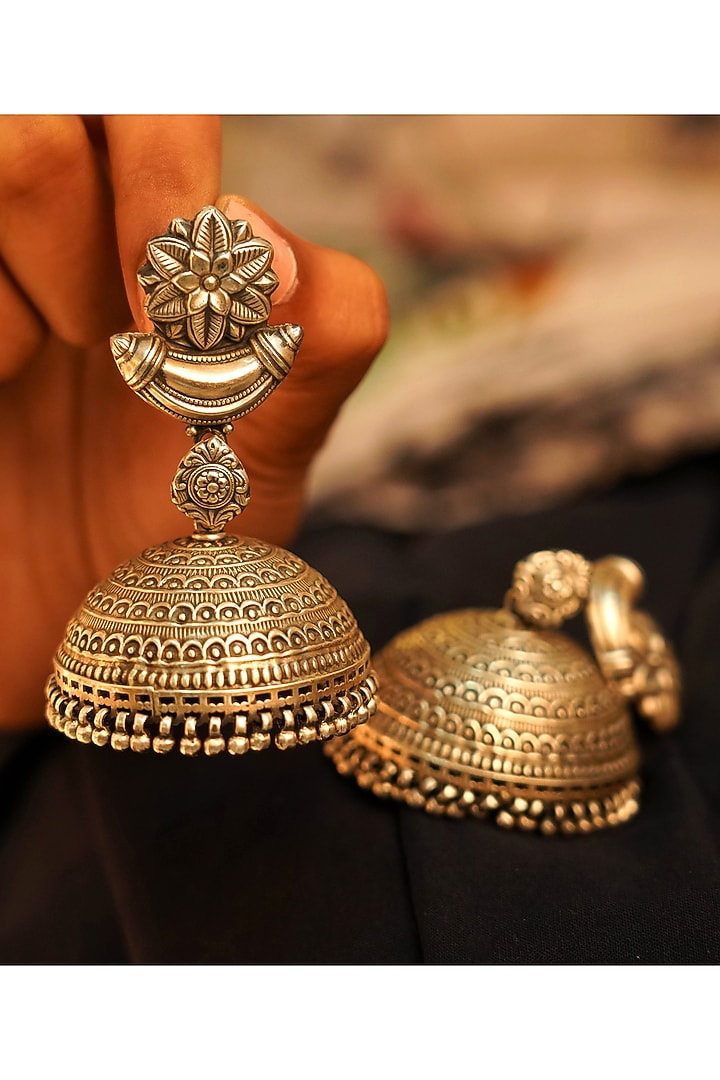 Oxidised Silver Finish Handcrafted Jhumka Earrings In Sterling Silver by Shyle at Pernia's Pop Up Shop