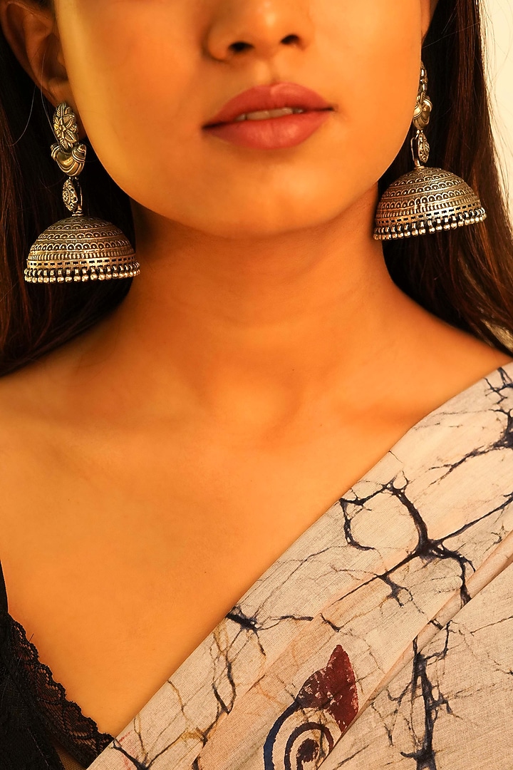 Oxidised Silver Finish Handcrafted Jhumka Earrings In Sterling Silver by Shyle at Pernia's Pop Up Shop