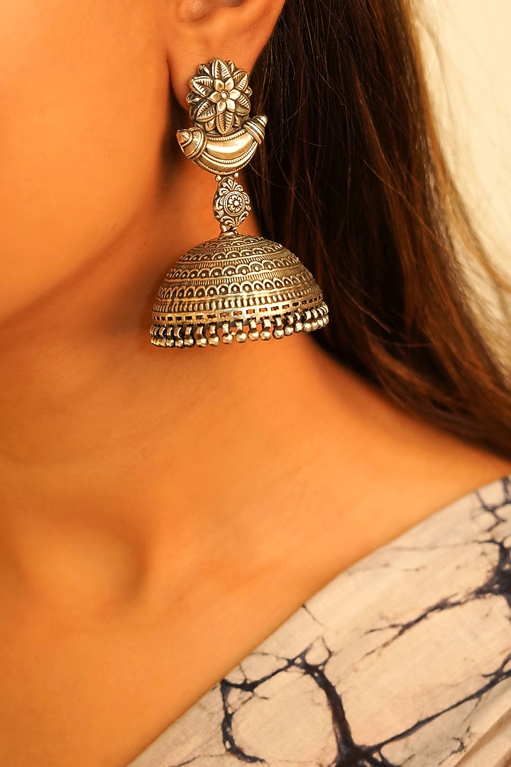 Oxidised Silver Finish Handcrafted Jhumka Earrings In Sterling Silver by Shyle at Pernia's Pop Up Shop