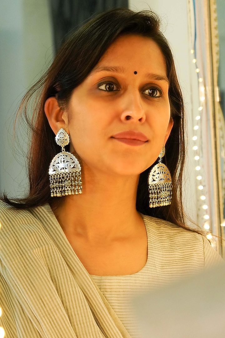 Oxidised Silver Finish Handcrafted Dangler Earrings In Sterling Silver by Shyle at Pernia's Pop Up Shop