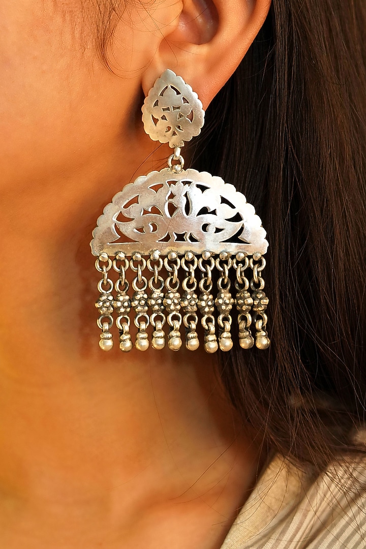 Oxidised Silver Finish Handcrafted Dangler Earrings In Sterling Silver by Shyle at Pernia's Pop Up Shop