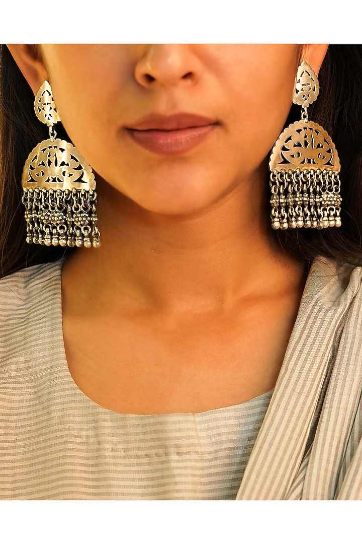 Oxidised Silver Finish Handcrafted Dangler Earrings In Sterling Silver by Shyle at Pernia's Pop Up Shop