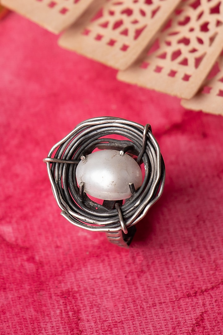 Silver Finish Handcrafted Pearls Ring In Sterling Silver by Shyle