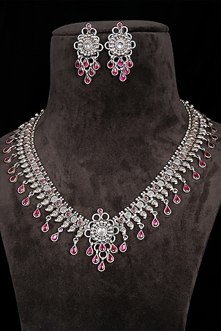 Silver Finish Handcrafted Long Necklace Set With Semi-Precious Stones In Sterling Silver by Shyle