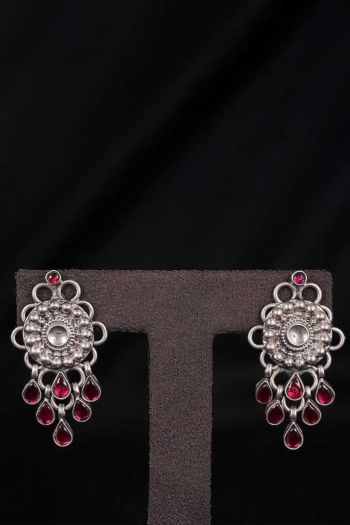 Silver Finish Handcrafted Long Necklace Set With Semi-Precious Stones In Sterling Silver by Shyle at Pernia's Pop Up Shop