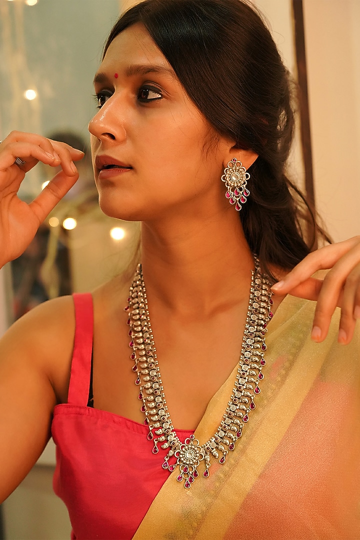 Silver Finish Handcrafted Long Necklace Set With Semi-Precious Stones In Sterling Silver by Shyle at Pernia's Pop Up Shop