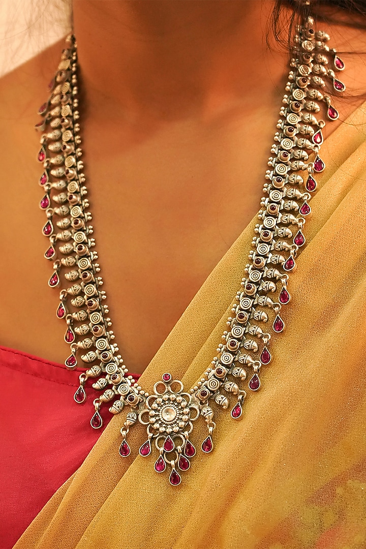 Silver Finish Handcrafted Long Necklace Set With Semi-Precious Stones In Sterling Silver by Shyle at Pernia's Pop Up Shop