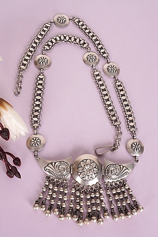 Silver Finish Handcrafted Long Necklace In Sterling Silver by Shyle