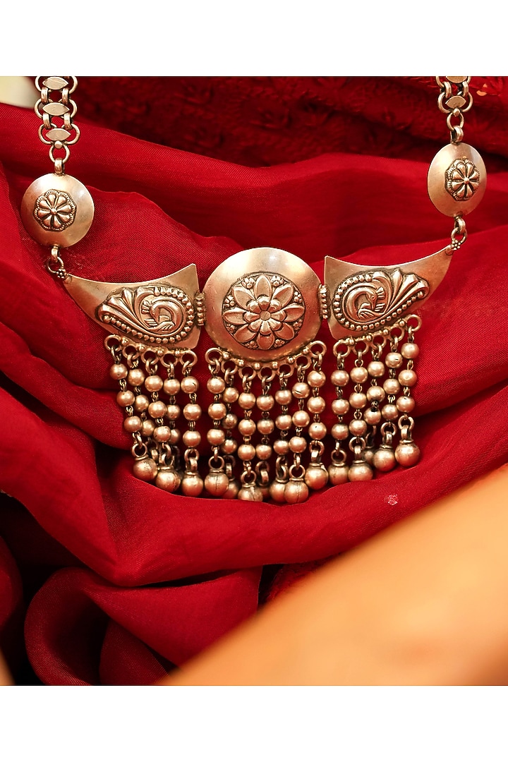 Silver Finish Handcrafted Long Necklace In Sterling Silver by Shyle at Pernia's Pop Up Shop