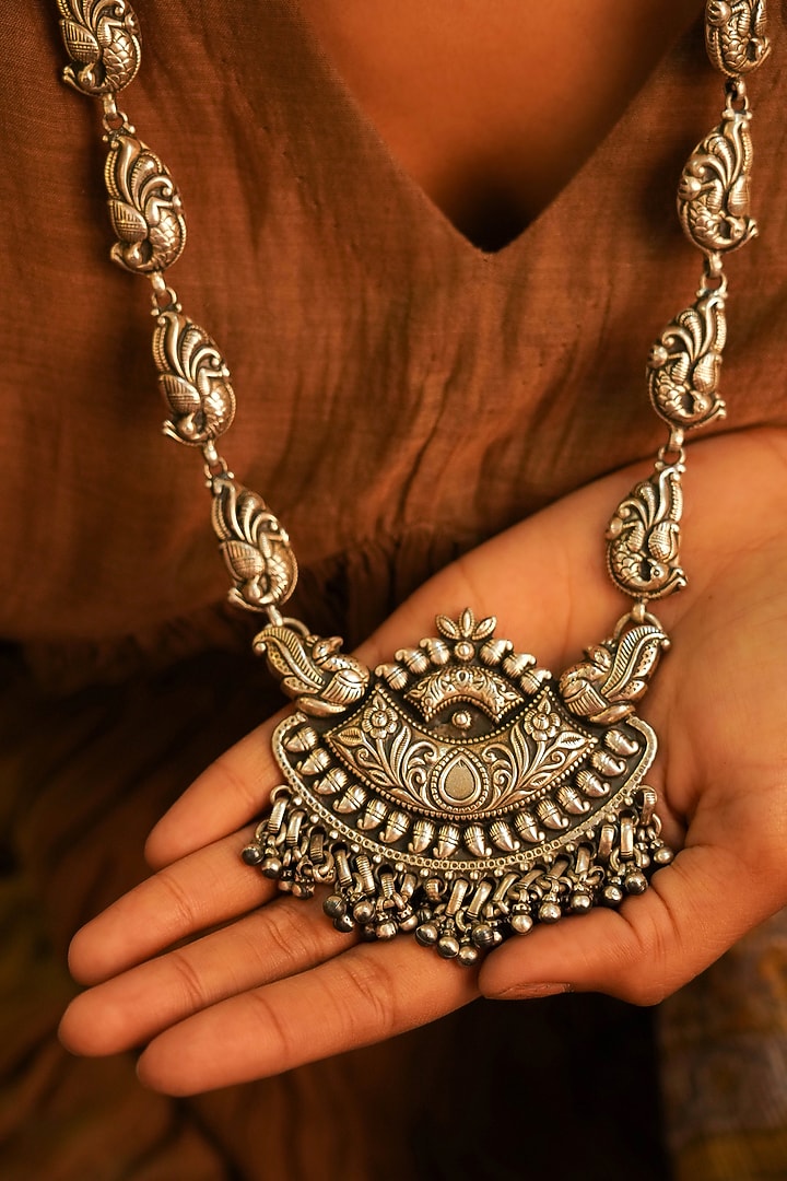 Silver Finish Handcrafted Peacock Necklace In Sterling Silver by Shyle at Pernia's Pop Up Shop