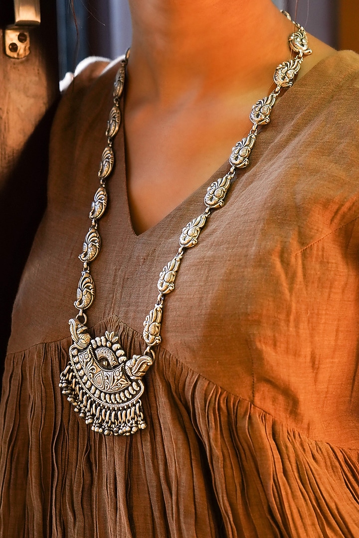 Silver Finish Handcrafted Peacock Necklace In Sterling Silver by Shyle at Pernia's Pop Up Shop