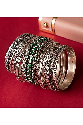 Silver Finish Handcrafted Bangles In Sterling Silver (Set of 11) by Shyle