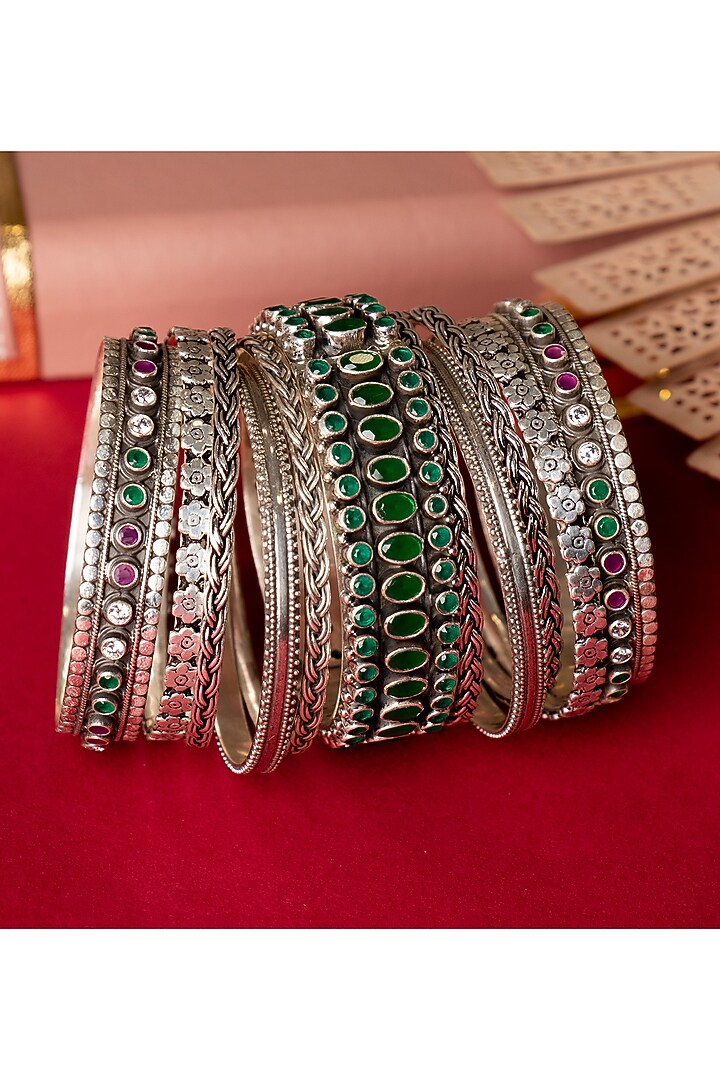 Silver Finish Handcrafted Bangles In Sterling Silver (Set of 11) by Shyle at Pernia's Pop Up Shop