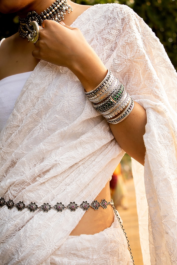 Silver Finish Handcrafted kamarband With Synthetic Stones In Sterling Silver by Shyle at Pernia's Pop Up Shop