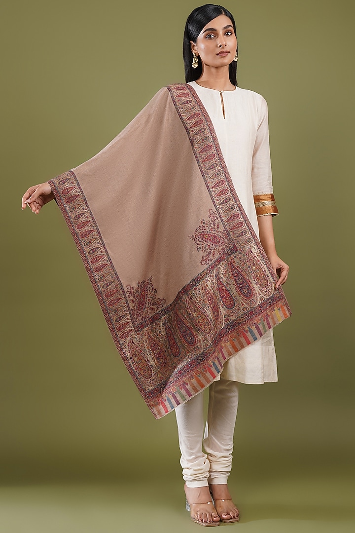 Brown Fine Count Wool Kani Weave Stole by Shaza at Pernia's Pop Up Shop