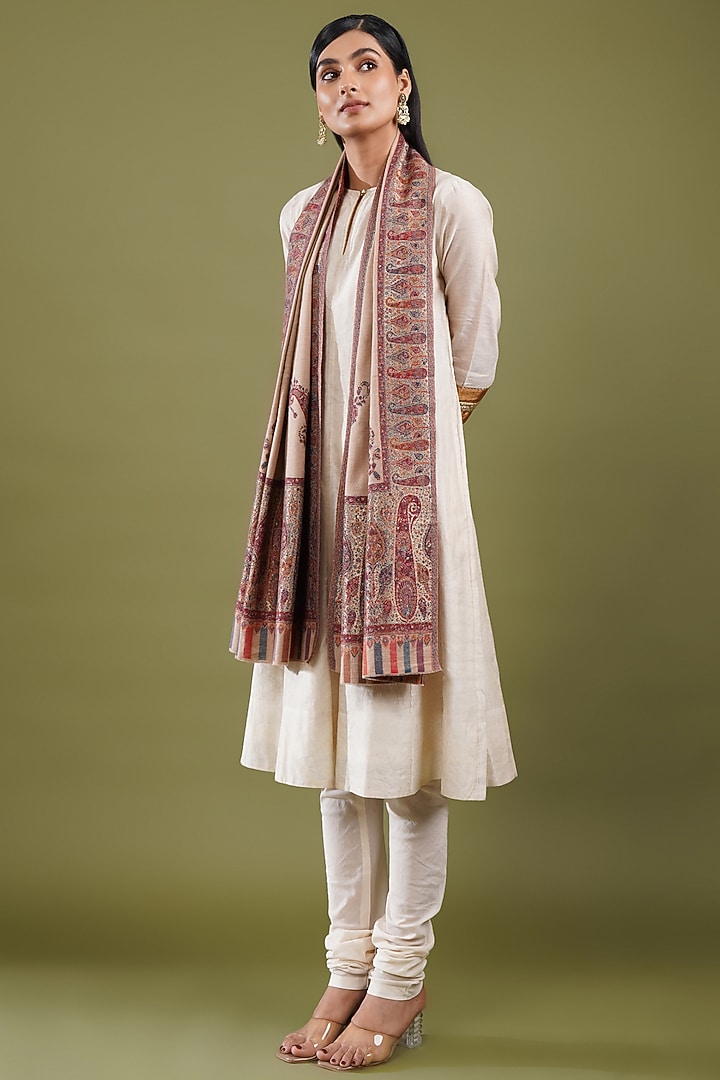 Beige Fine Count Wool Kani Weave Stole by Shaza at Pernia's Pop Up Shop