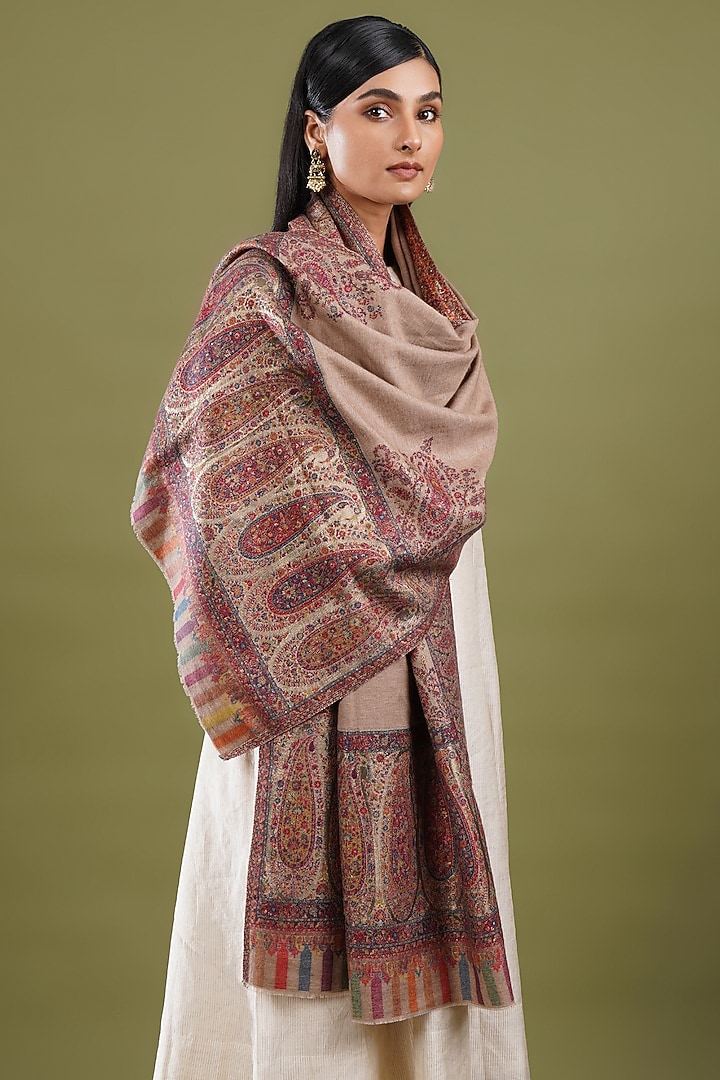 Beige Fine Count Wool Kani Weave Stole by Shaza at Pernia's Pop Up Shop