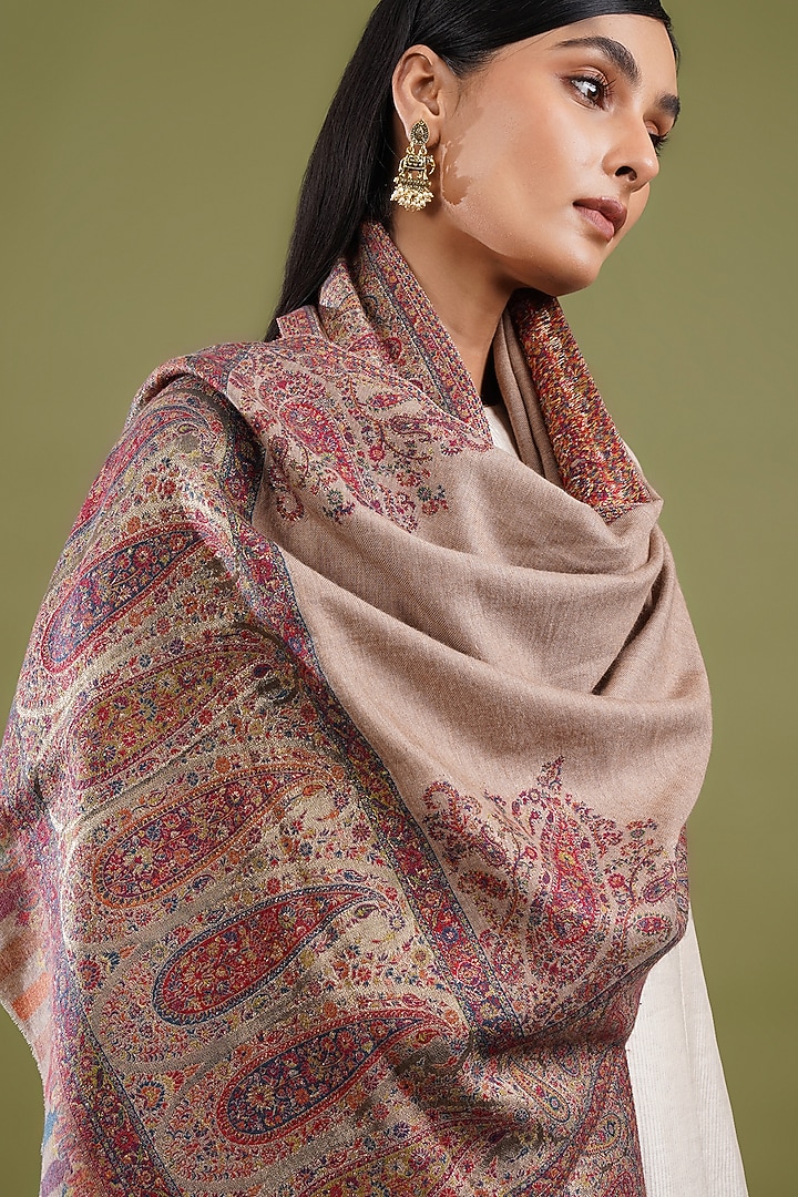 Beige Fine Count Wool Kani Weave Stole by Shaza at Pernia's Pop Up Shop