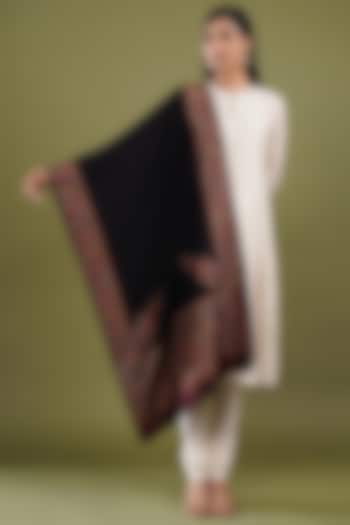 Black Fine Count Wool Kani Weave Stole by Shaza at Pernia's Pop Up Shop