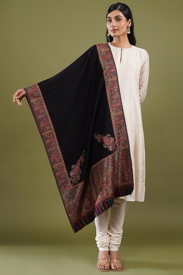 Black Fine Count Wool Kani Weave Stole by Shaza at Pernia's Pop Up Shop