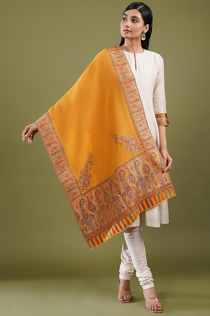 Yellow Fine Count Wool Kani Weave Stole by Shaza at Pernia's Pop Up Shop