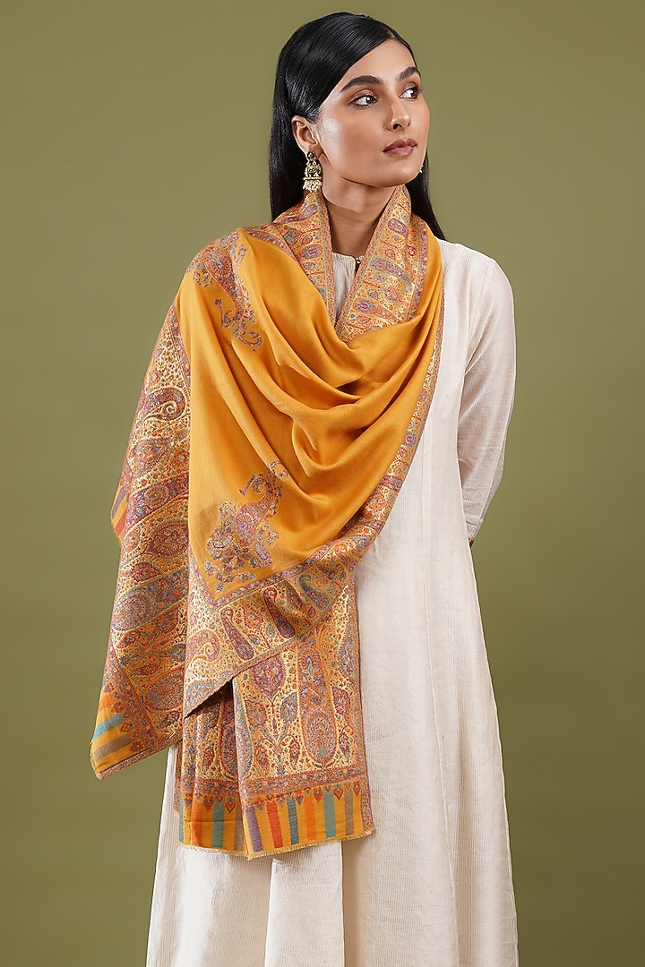 Yellow Fine Count Wool Kani Weave Stole by Shaza at Pernia's Pop Up Shop