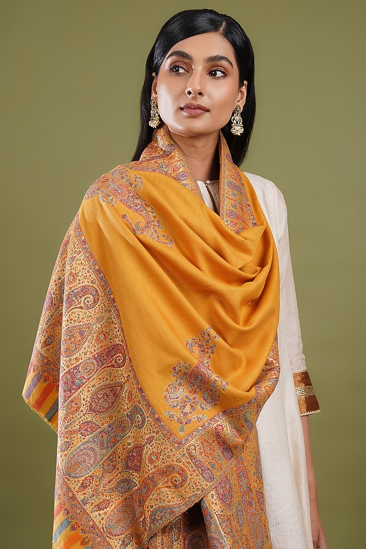 Yellow Fine Count Wool Kani Weave Stole by Shaza at Pernia's Pop Up Shop