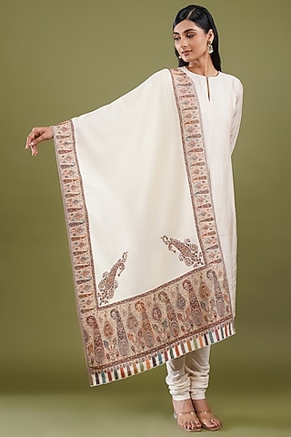 White Fine Count Wool Kani Weave Stole by Shaza