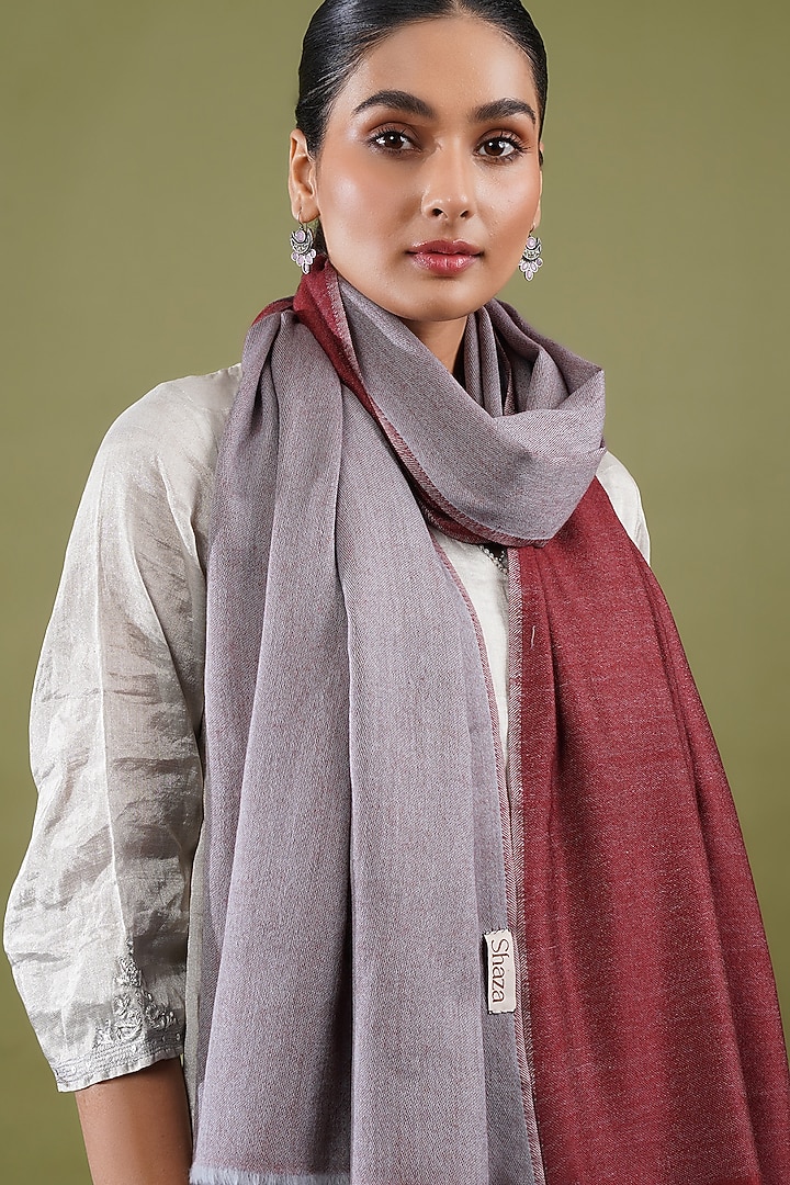 Maroon & Grey Wool Blend Reversible Stole by Shaza at Pernia's Pop Up Shop