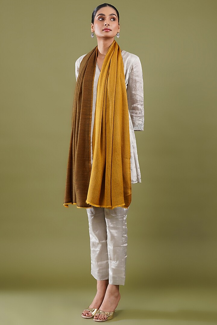 Mustard Yellow & Brown Wool Blend Reversible Stole by Shaza at Pernia's Pop Up Shop
