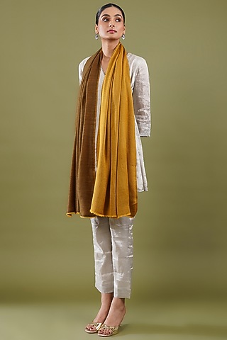Mustard Yellow & Brown Wool Blend Reversible Stole by Shaza