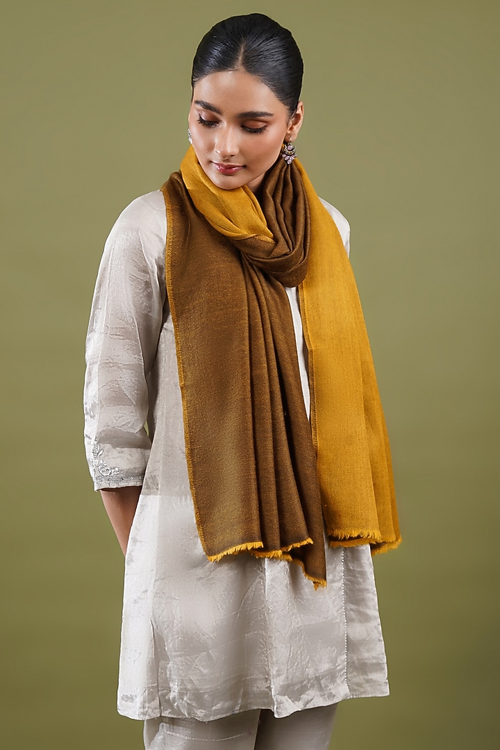 Mustard Yellow & Brown Wool Blend Reversible Stole by Shaza at Pernia's Pop Up Shop