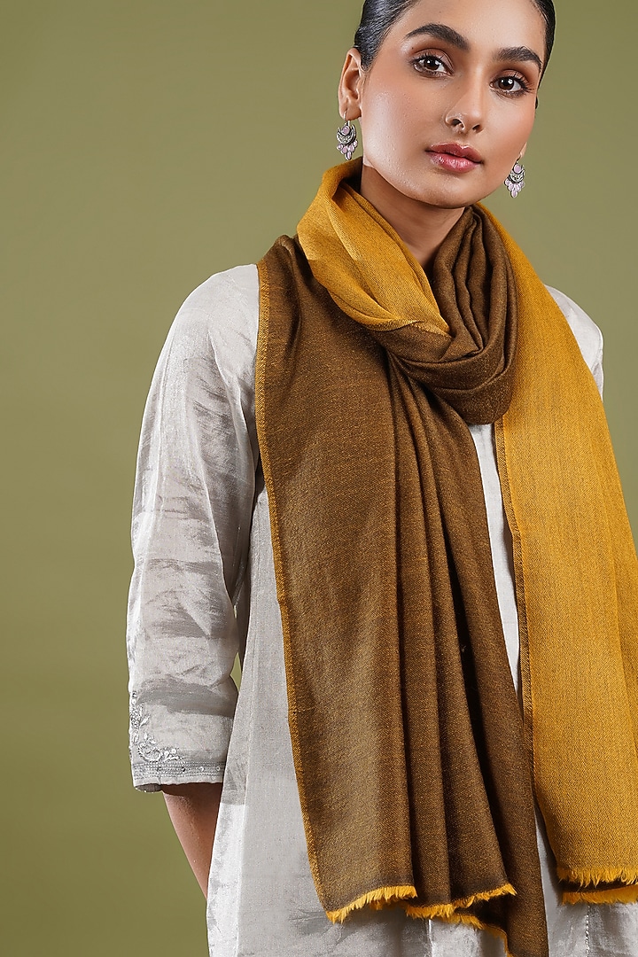 Mustard Yellow & Brown Wool Blend Reversible Stole by Shaza at Pernia's Pop Up Shop