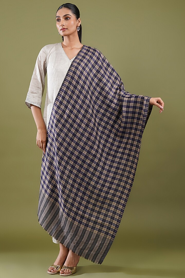 Dark Blue Fine Count Wool Checkered Reversible Stole by Shaza at Pernia's Pop Up Shop
