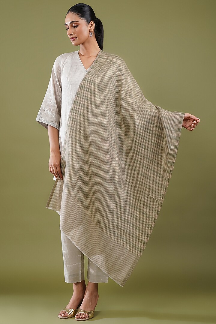 Sage Green Fine Count Wool Checkered Reversible Stole by Shaza at Pernia's Pop Up Shop