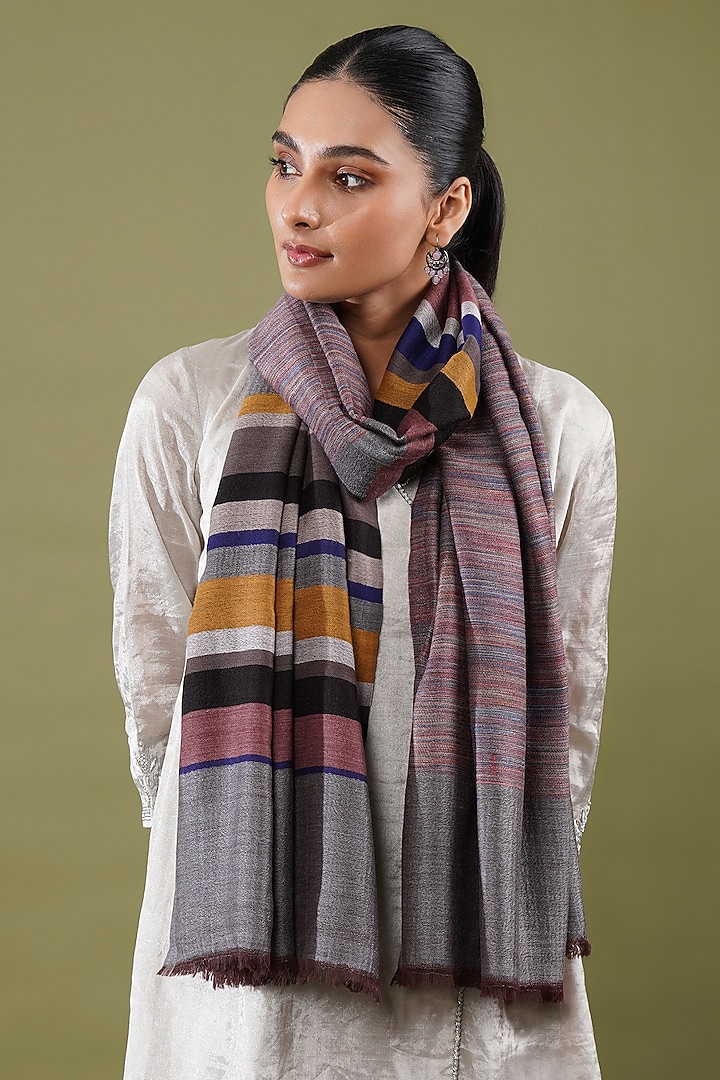 Multi-Colored Fine Count Wool Striped Stole by Shaza at Pernia's Pop Up Shop