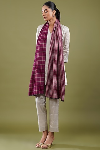 Pink Wool Blend Checkered Reversible Stole by Shaza