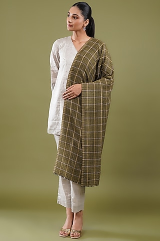 Green Wool Blend Checkered Reversible Stole by Shaza