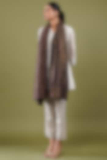 Dark Brown Wool Blend Kani Stole by Shaza at Pernia's Pop Up Shop