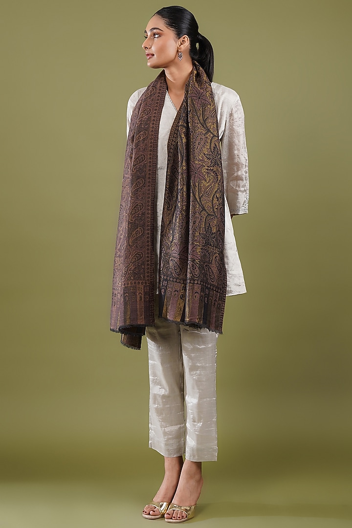 Dark Brown Wool Blend Kani Stole by Shaza at Pernia's Pop Up Shop